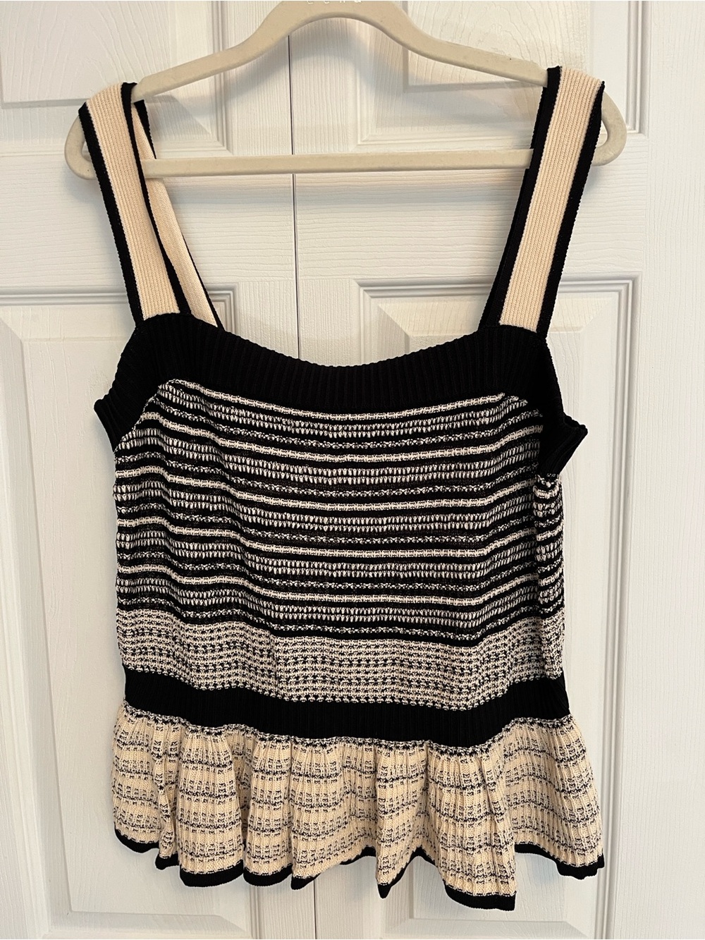 Express Black and Cream Striped Knit Peplum Tank